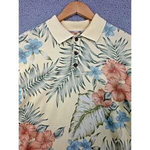 VTG Tommy Bahama Polo Shirt Mens Medium Yellow Hibiscus Print Hawaiian Relax